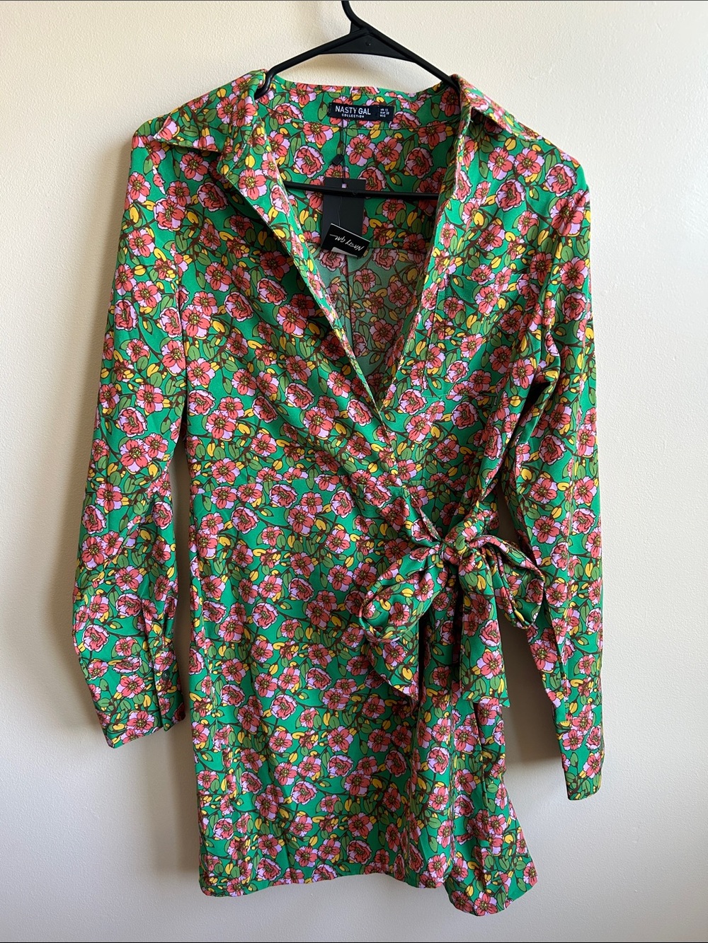 Nasty Gal Green Floral Wrap Mini Dress with Pink Blooms